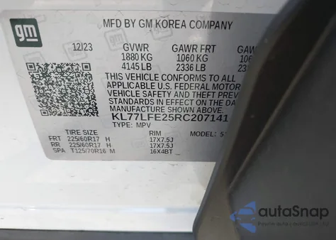 2024 Chevrolet Trax Fwd Sp z USA, uszkodzony, nr VIN KL77LFE25RC207141